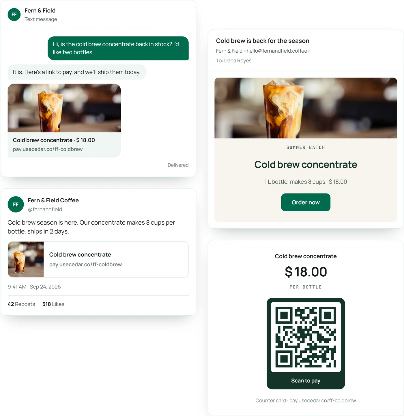 One Fern & Field payment link shared four ways: in a text message, a social post, an email and a printed QR code.