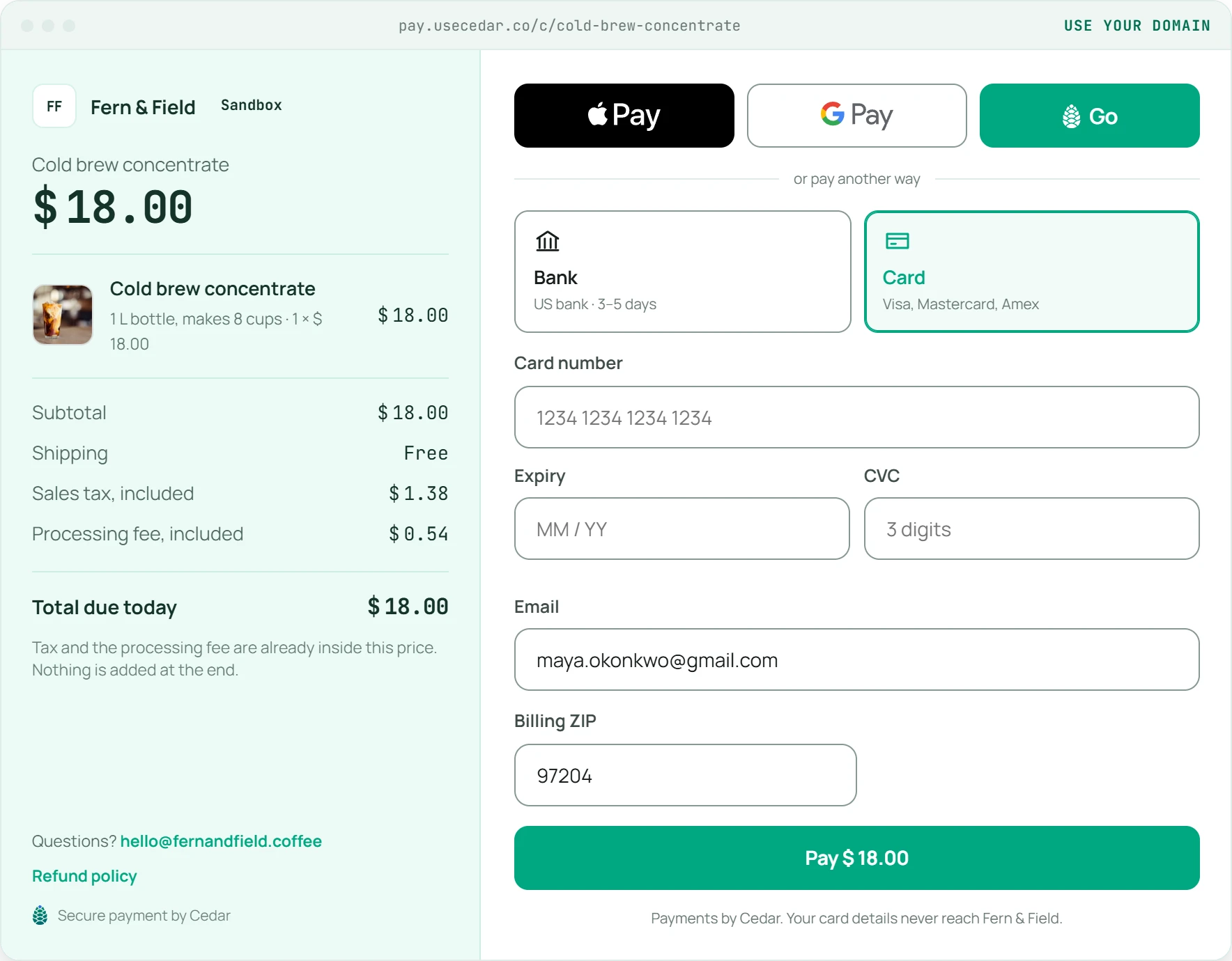The Fern & Field payment page for Cold brew concentrate at $18.00: the order summary on the left, and Apple Pay, Google Pay, bank and card options on the right.
